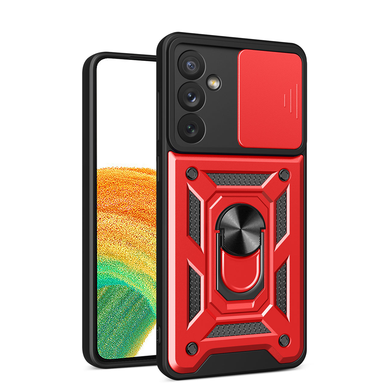 Kickstand Ring Holder with Slide Camera Cover TPU Magnetic Car Mount for GALAXY A34 5G  In Red